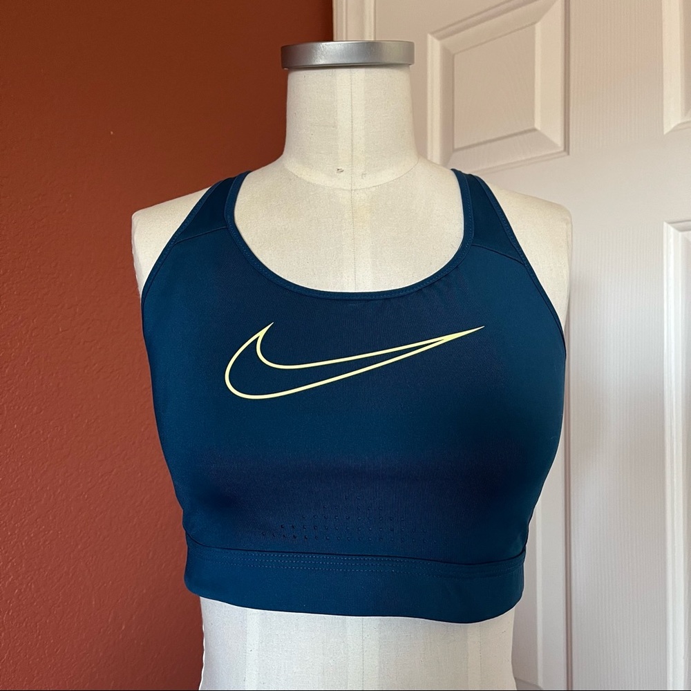 Nike high IMPACT STRAPPY teal with neon green straps sports bra
